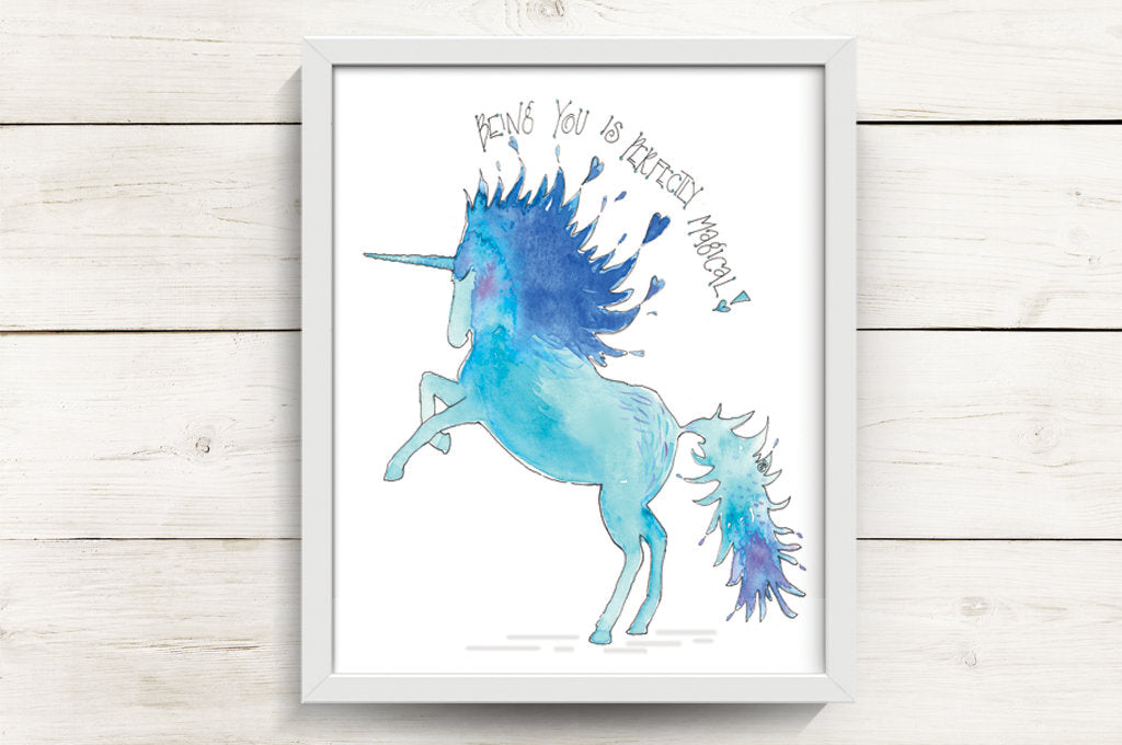 Blue Unicorn Art Print on whitewashed wall