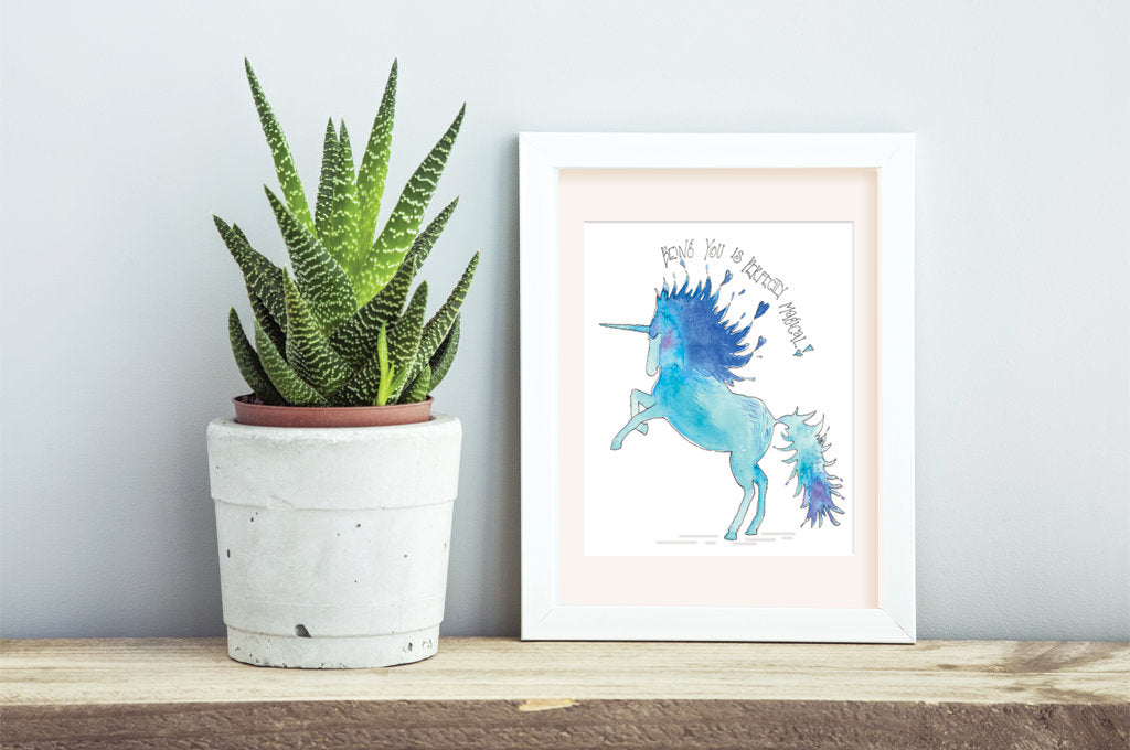 Blue Unicorn Art Print on side table