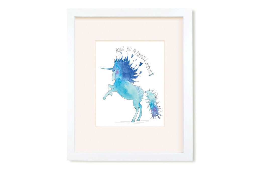 Blue Unicorn Art Print on white wall