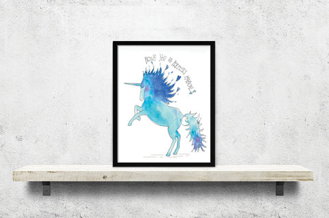Blue Unicorn Art Print on wall shelf
